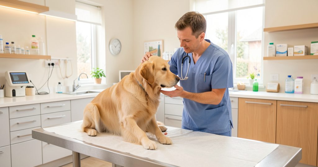 Consultation vétérinaire d'un chien avec son maître pour illustrer les remboursements de mutuelle animale