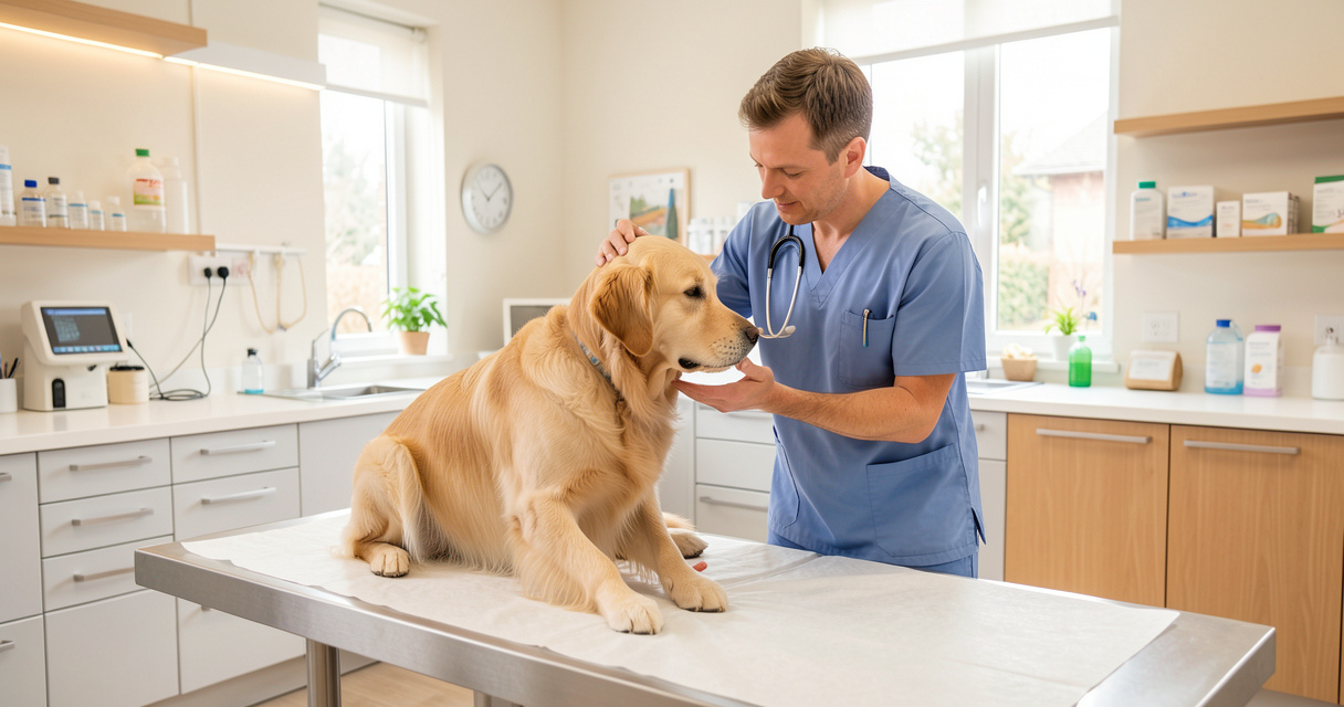 Consultation vétérinaire d'un chien avec son maître pour illustrer les remboursements de mutuelle animale