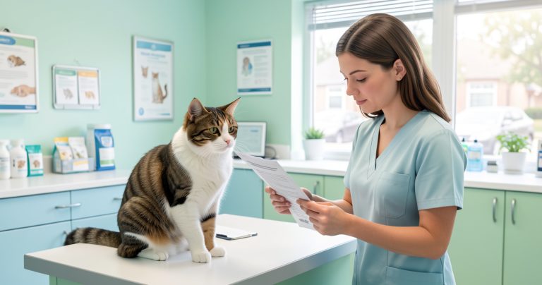 Propriétaire comparant une assurance chat avec son chat chez le vétérinaire.