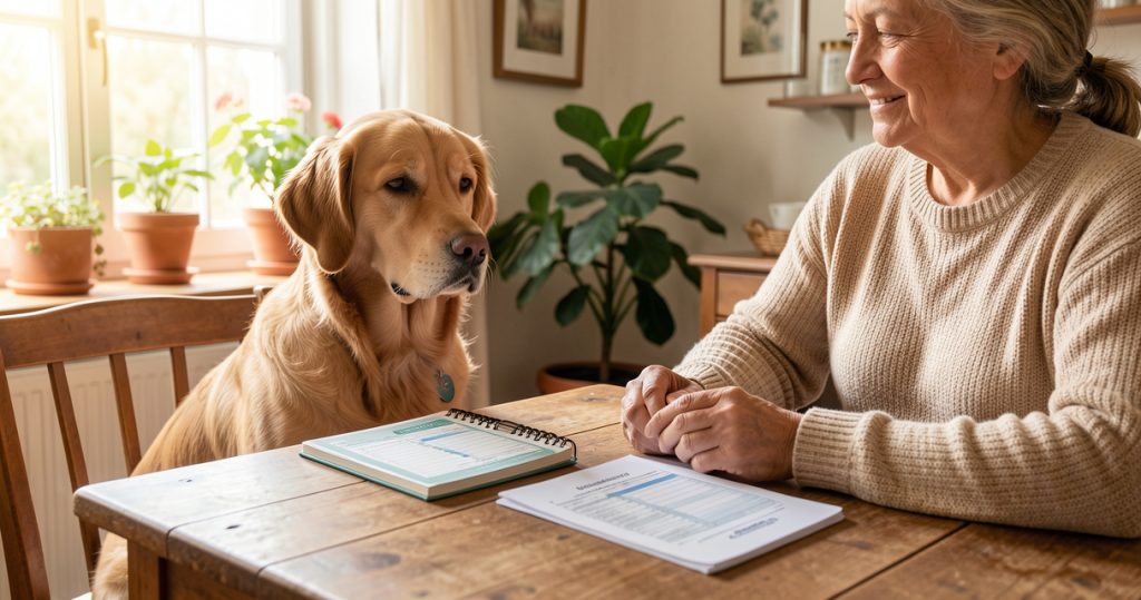 Chien auprès de son propriétaire pendant la comparaison de garanties d'assurance santé.