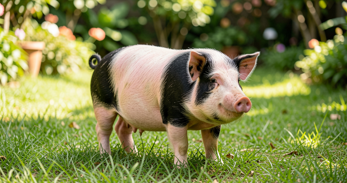 Cochon vietnamien rose et noir dans un jardin, portrait réaliste