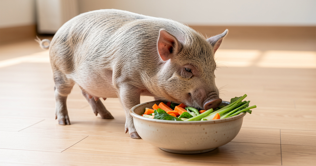 Cochon vietnamien nain mangeant des légumes frais dans une gamelle