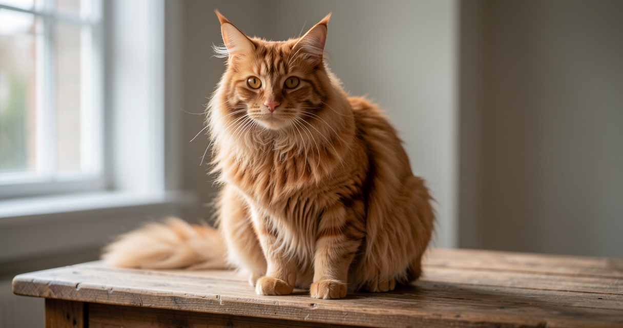 Maine Coon roux au pelage flamboyant assis dans une lumière douce