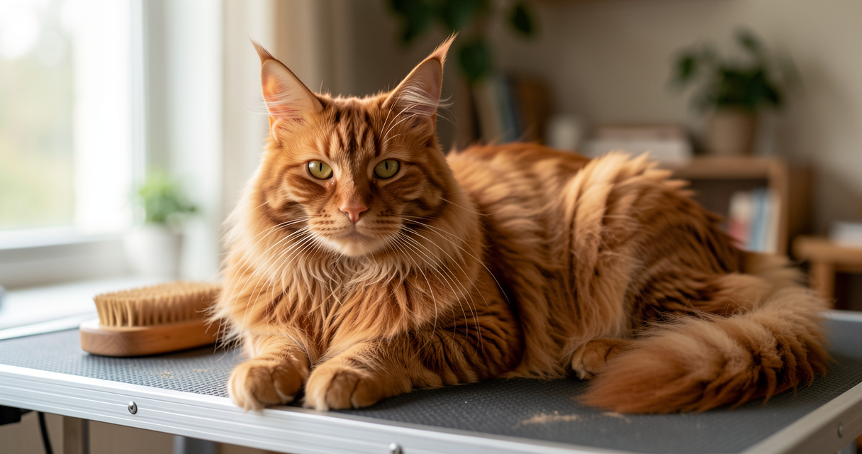 Maine Coon roux brossé délicatement, pelage long, lumineux et soyeux