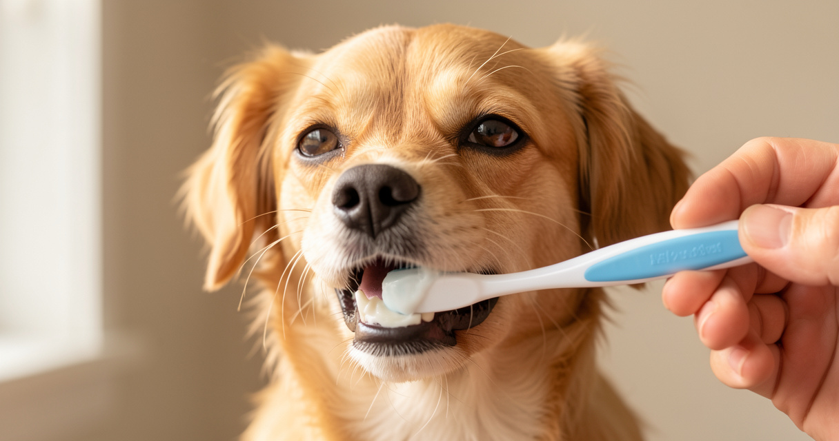 Brossage des dents d'un chien avec un dentifrice pour chien adapté